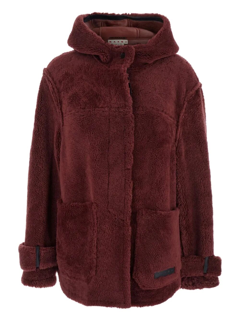 Marni Brown Jacket With Hood With Buttons And Logo Patch On The Front In Fur Woman In Red