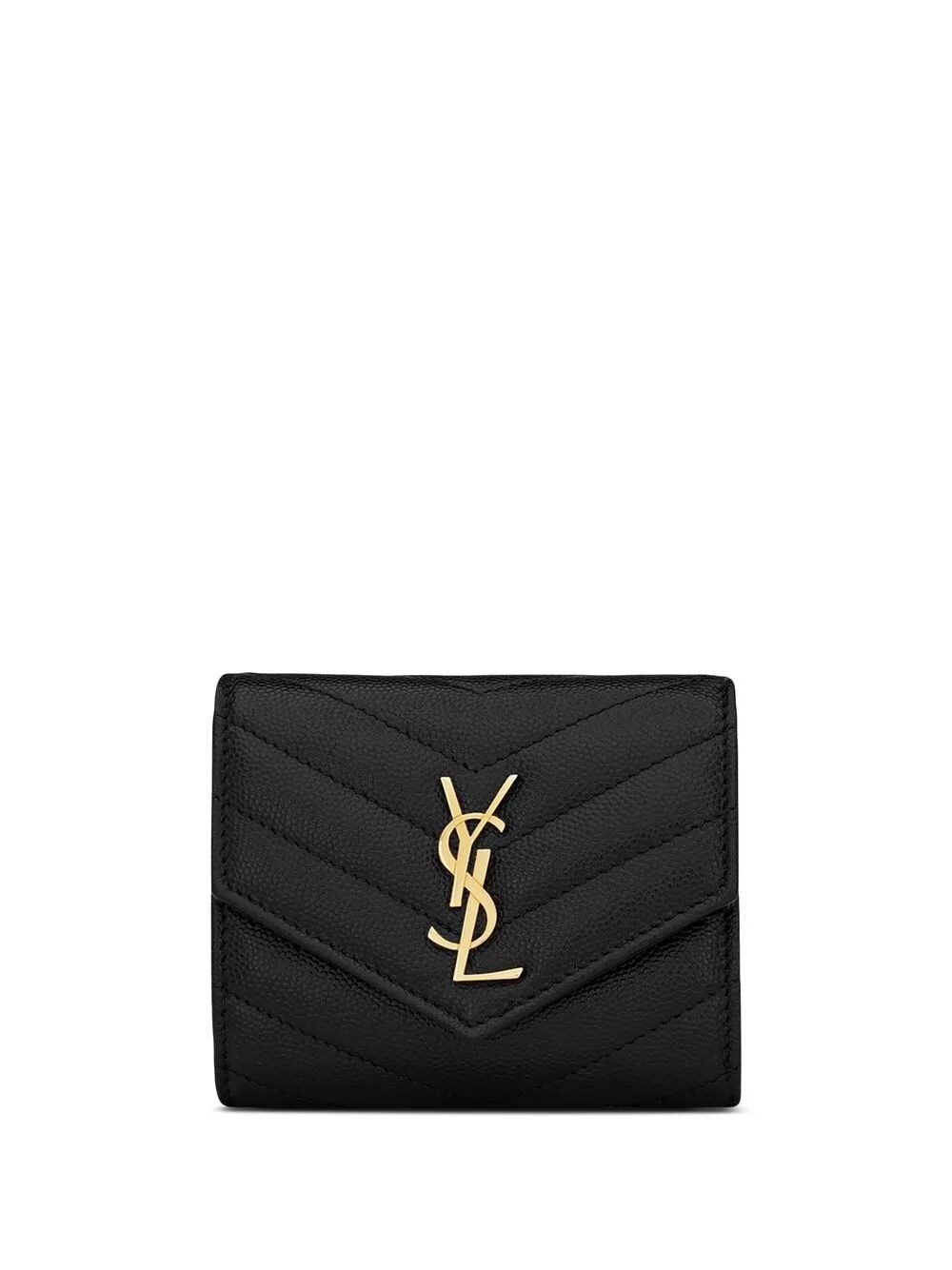 Saint Laurent Cassandre Matelassé Tri-fold Wallet In Grain De Poudre Leather In Black