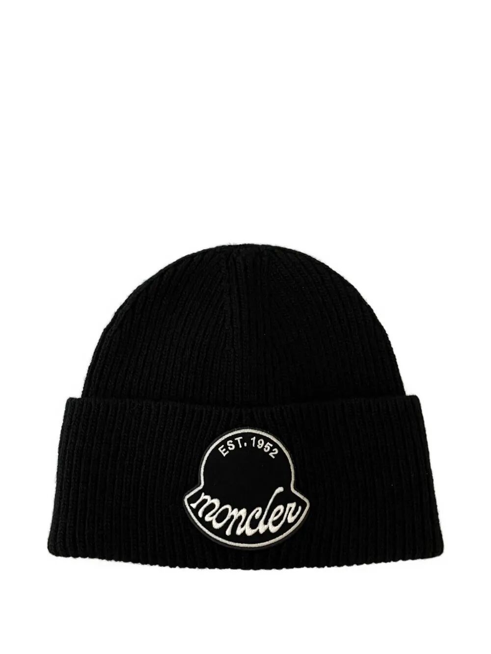 Moncler Black Wool Knit Logo Patch Beanie In Black