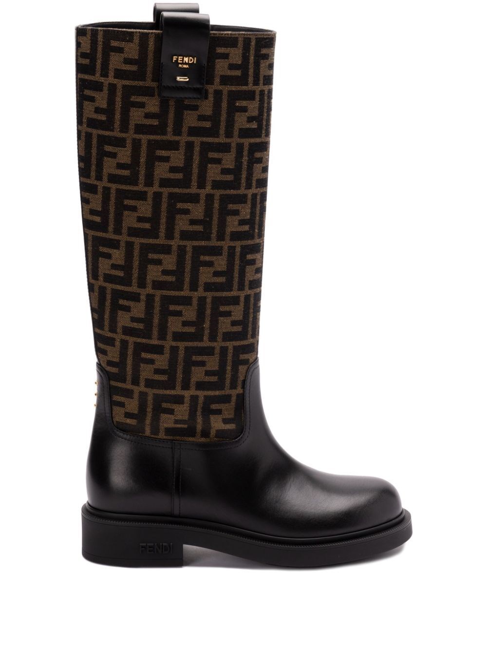 Fendi Filo Leather And Ff Jacquard Fabric Boots In Black