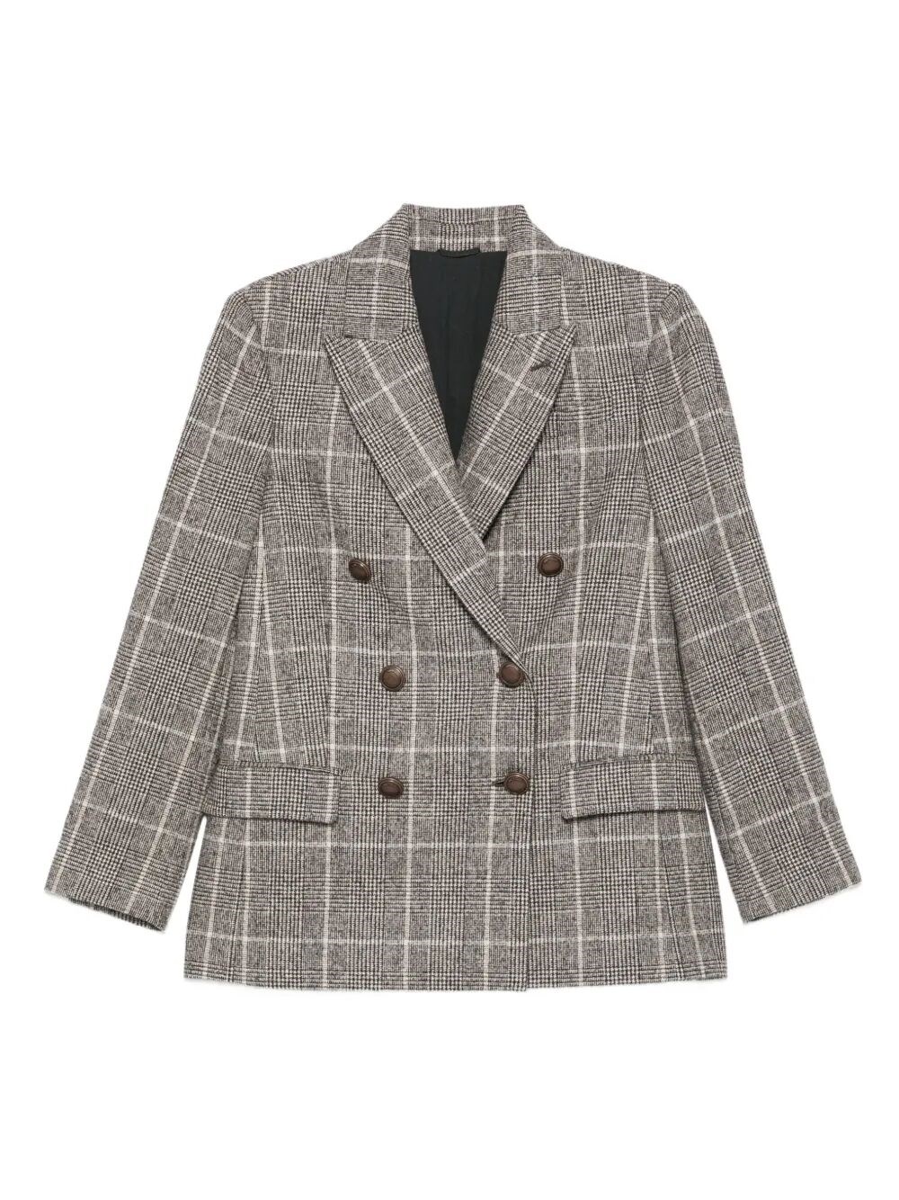 Brunello Cucinelli Alpaca And Wool Prince Of Wales Double-breasted Blazer With Monili In Gray