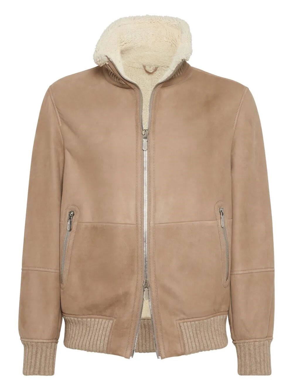 Brunello Cucinelli Bomber Jacket With Shearling Collar And Ribbed Finish In Brown