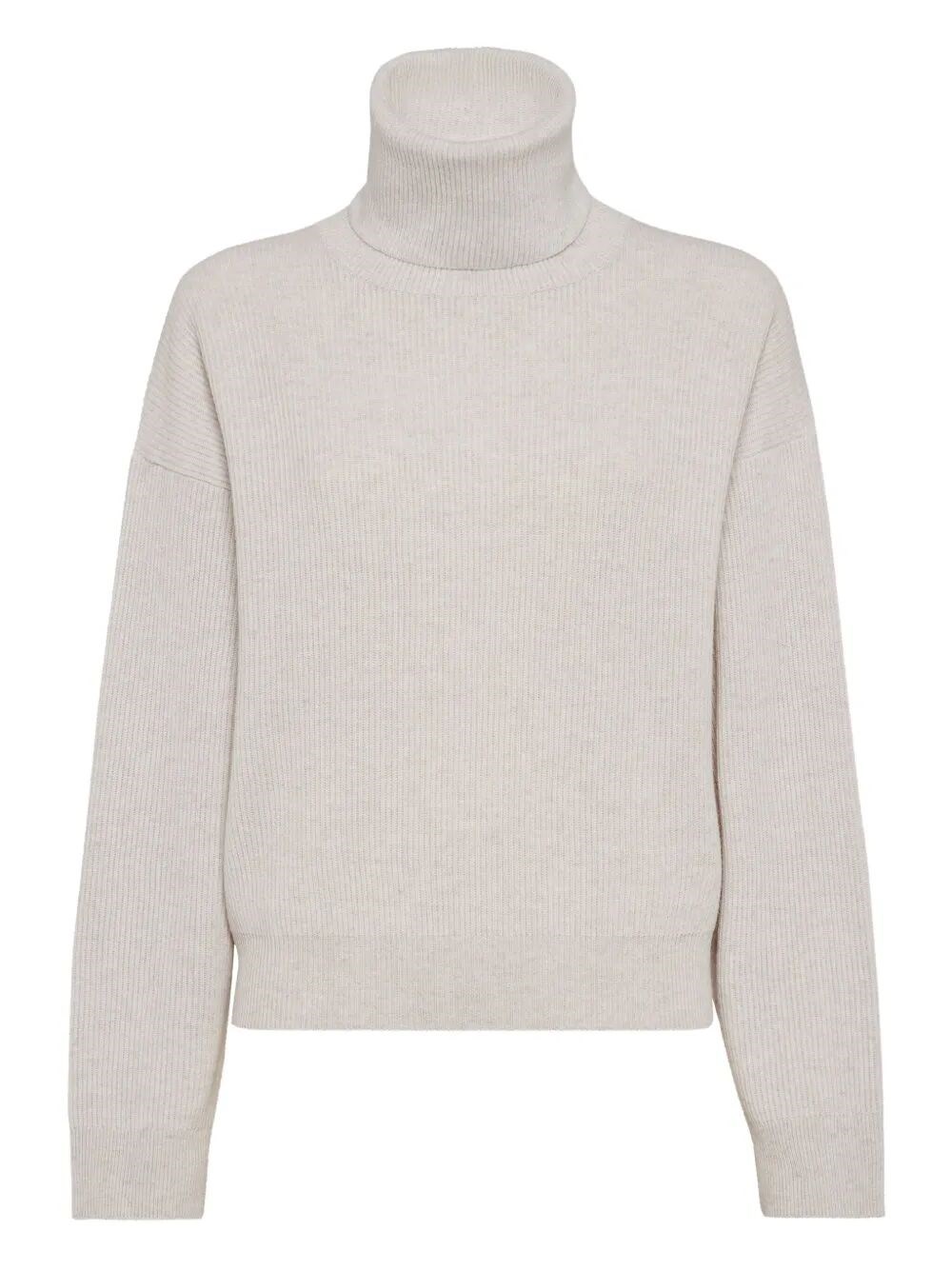 Brunello Cucinelli Cashmere Blend English Ribbed Turtleneck Sweater In Gray