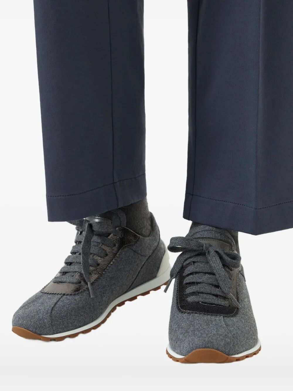 VIRGIN WOOL FLANNEL AND LAMÉ CALFSKIN RUNNERS WITH MONILI