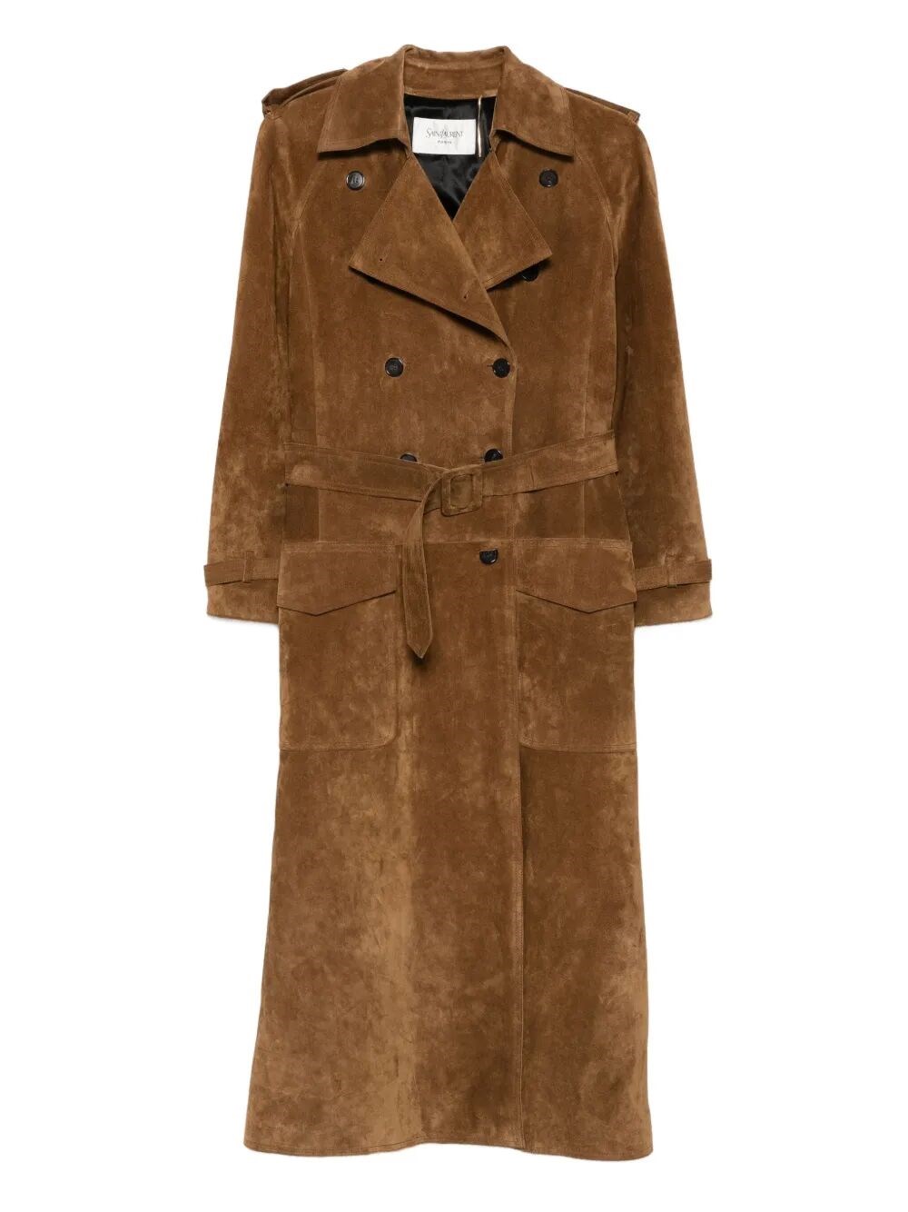 Saint Laurent Double Breasted Belted Trench Coat In Brown