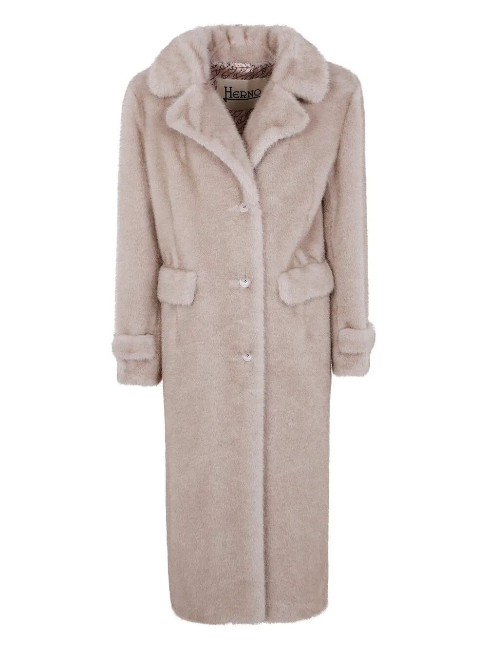 Herno Long Faux Fur Coat With Notched Lapels In Neutral