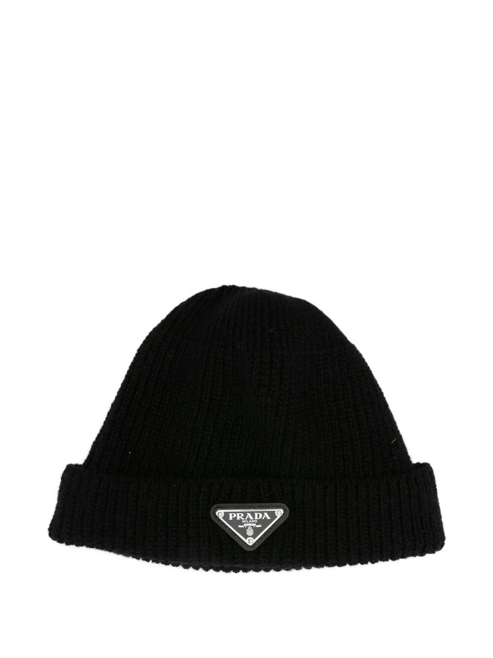 Prada Ribbed Logo-plaque Beanie In Black