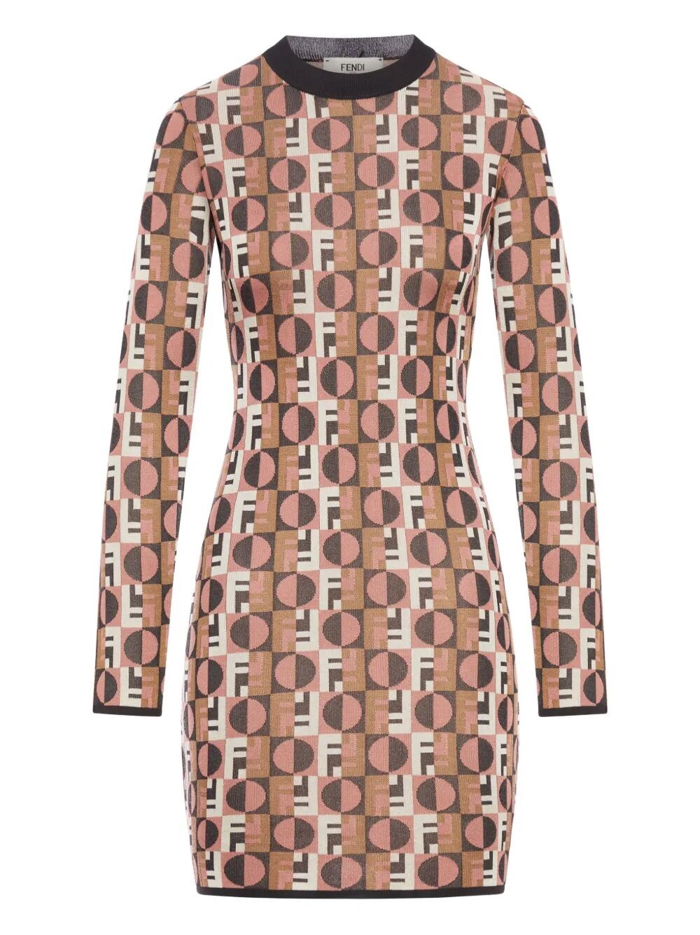 Fendi Shiny Jacquard Viscose Mini Dress With Geometric Pattern In Brown