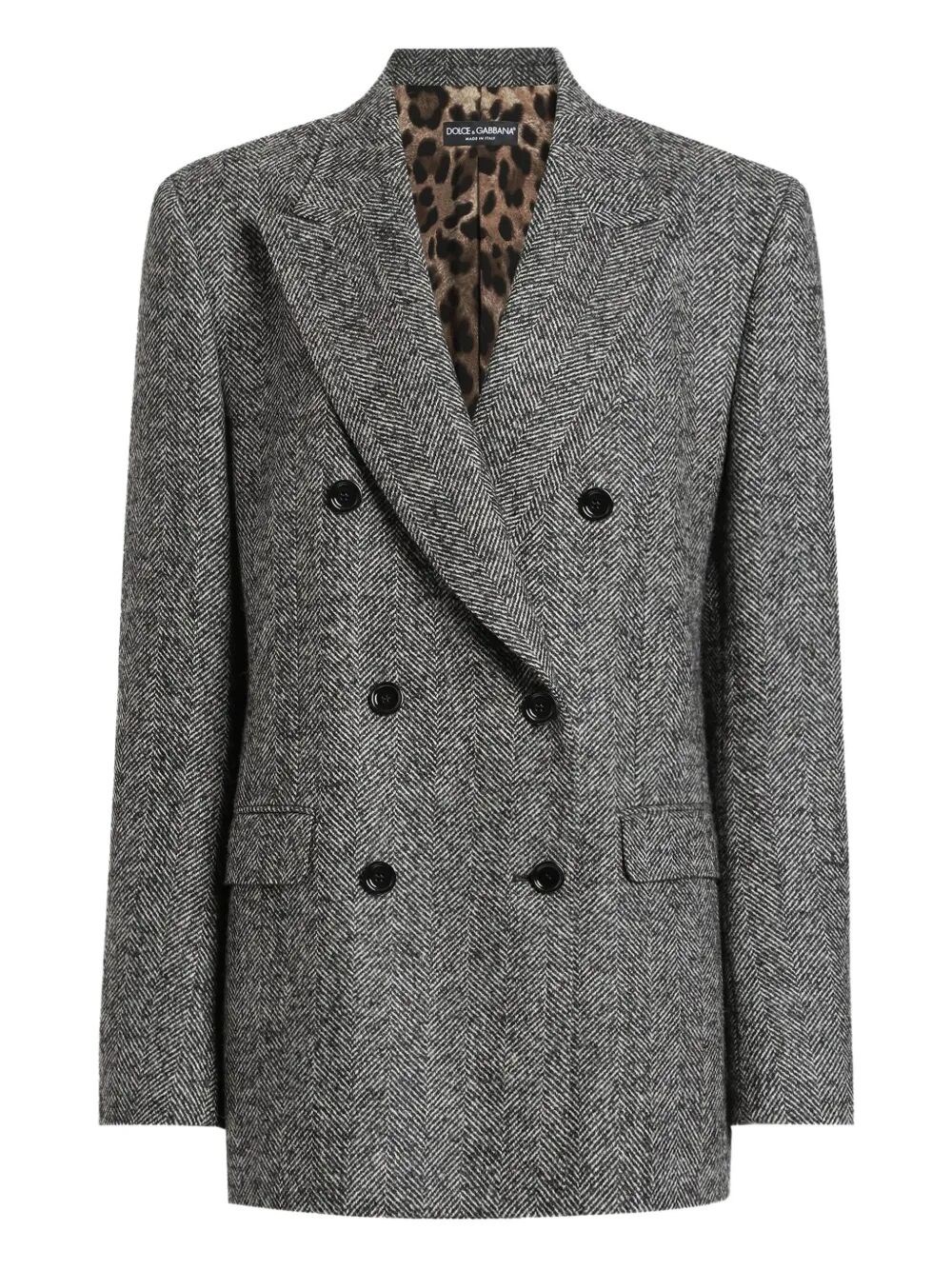 Dolce & Gabbana Double-breasted Herringbone Jacket With Animal Print Lining In Black