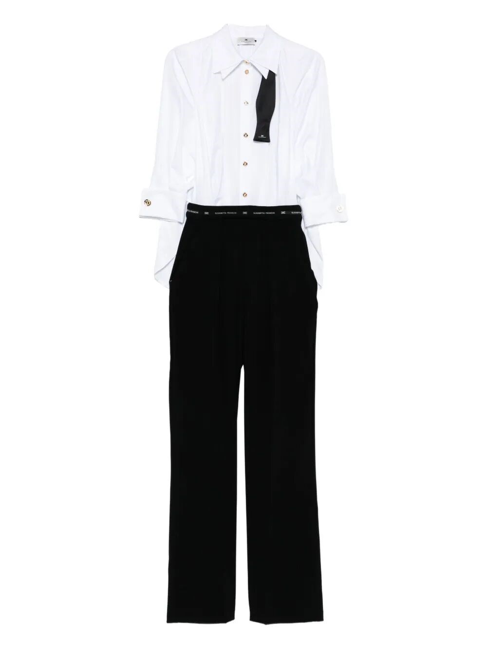 Elisabetta Franchi Striking Jumpsuit With Double Collar And Logo Ribbon Waistband In Black