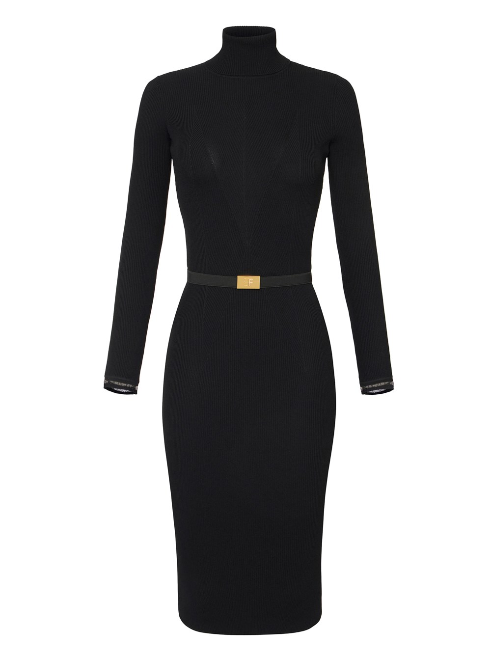 Elisabetta Franchi Dress In Ribbed Knit Fabric With Belt In Black
