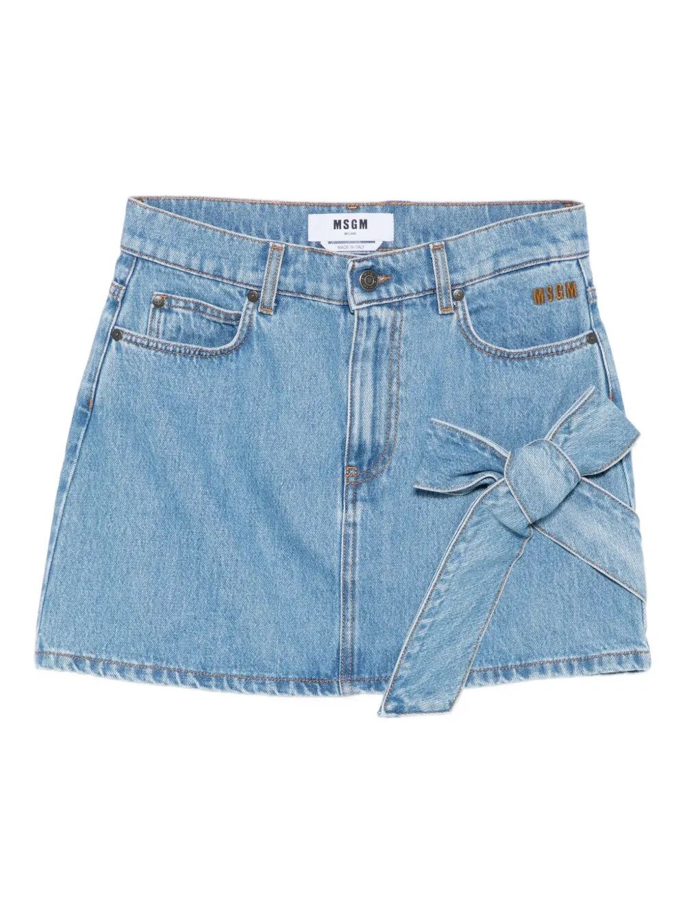 Msgm Bow-detail Denim Mini Straight Skirt In Blue