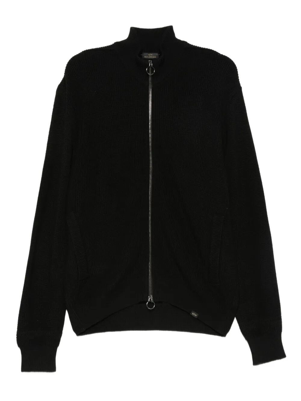 Paul & Shark Ribbed Zip-up High-neck Cardigan In Black