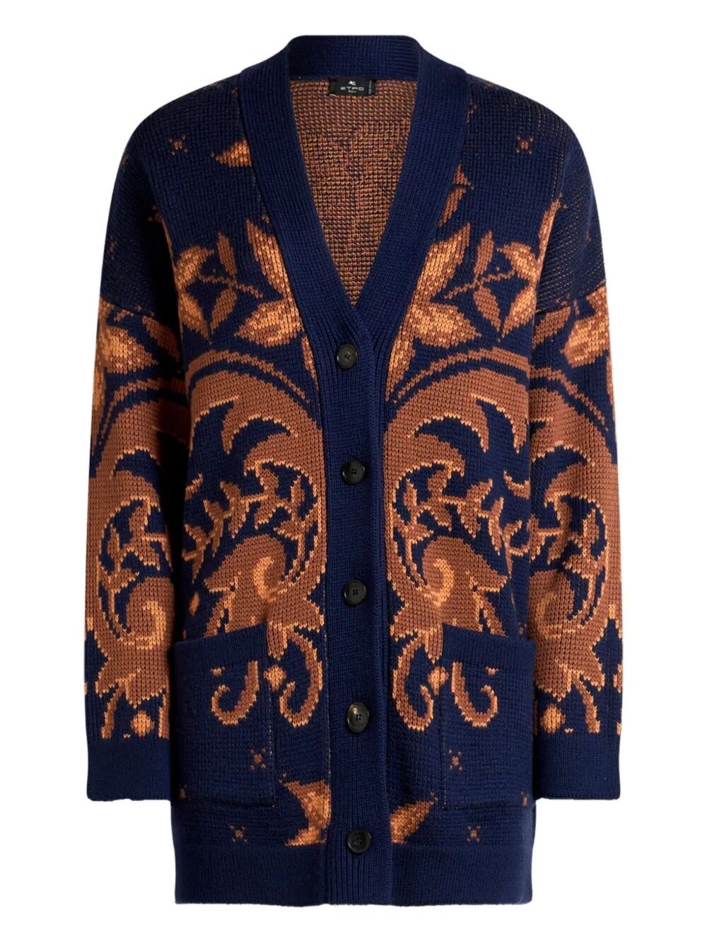Etro Wool Jacquard V-neck Cardigan With Front Pockets In Blue