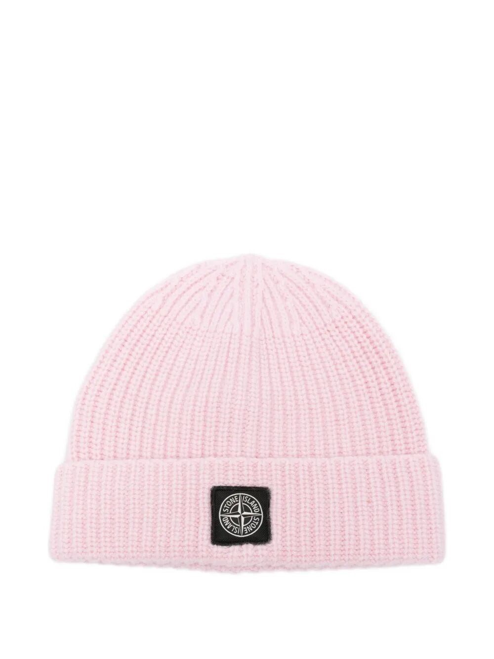 Stone Island Light Wool Knitted Beanie With Compass Patch Accessories In Pink