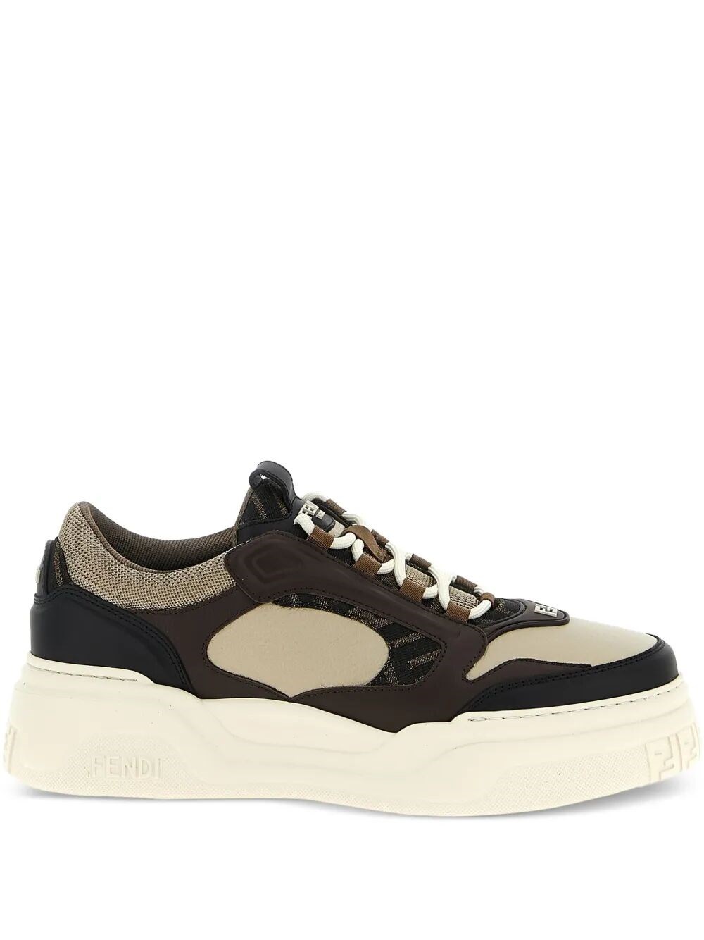Fendi Force Leather Sneakers With Ff Jacquard And Mesh Details Shoes In Nude