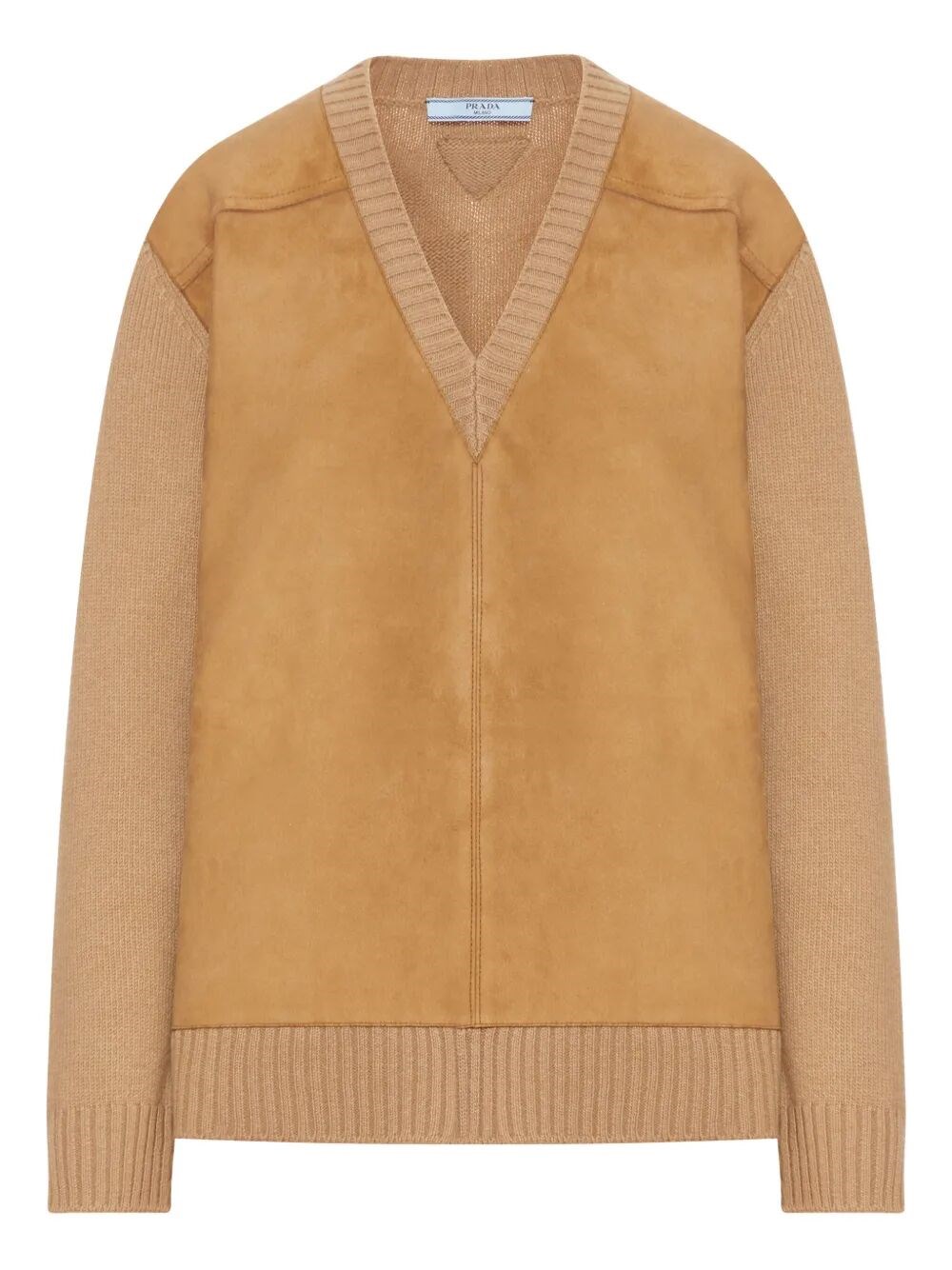 Prada Relaxed Fit Camel Sweater With Deep V-neck And Suede-like Accents In Nude