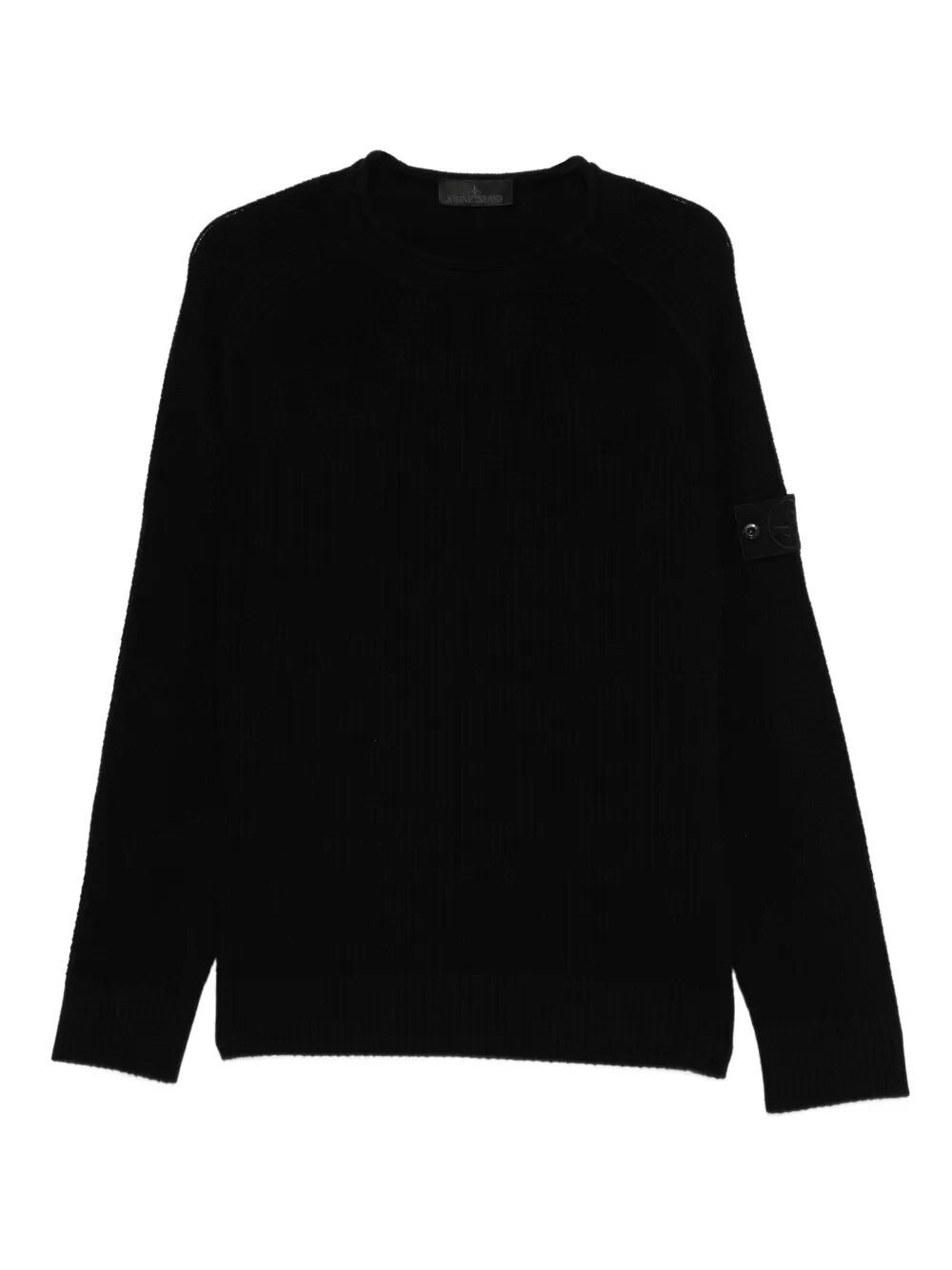 Stone Island Stretch Wool Crewneck Sweater With Reverse Stitch Details In Black