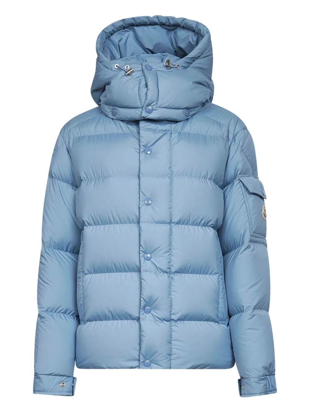 Moncler Long Little Down Jacket With Square Quilting And Hood In Blue
