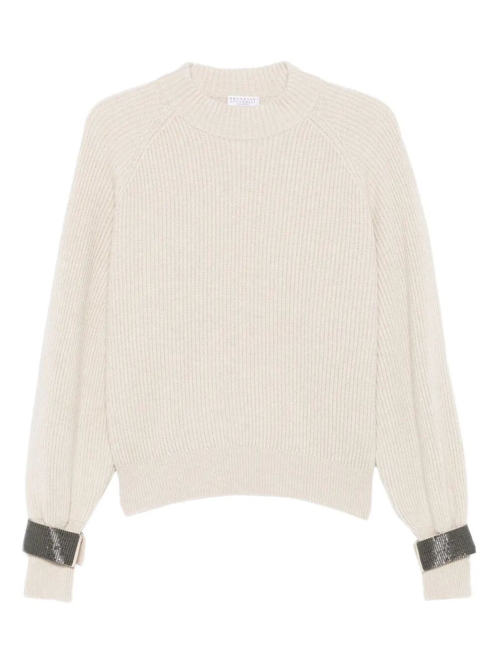 Brunello Cucinelli Ribbed Sweater With Jeweled Cuffs Clothing In Multi