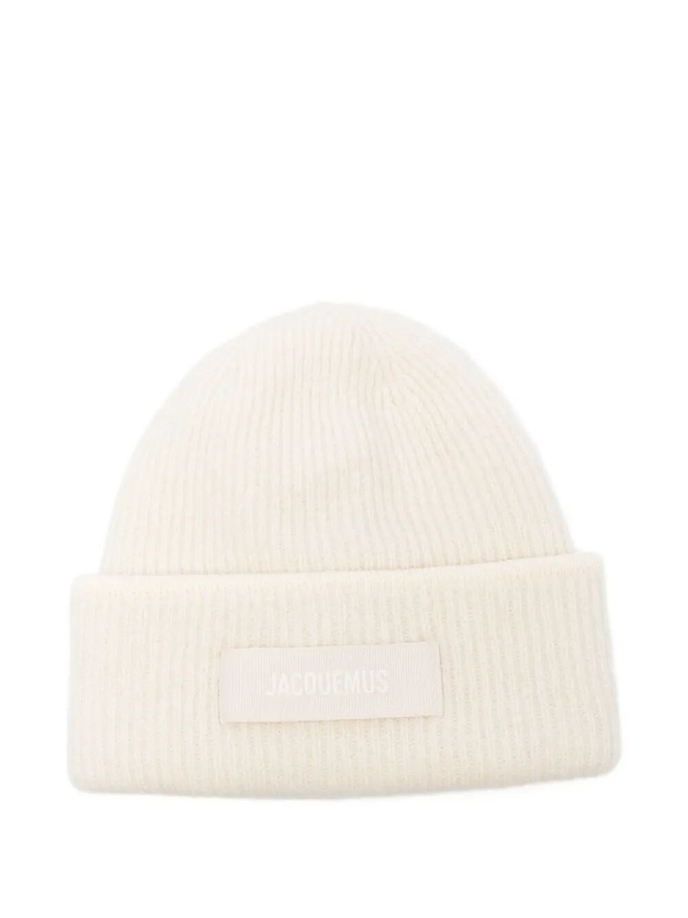 Jacquemus Ribbed White Beanie With Subtle Logo Detailing In White