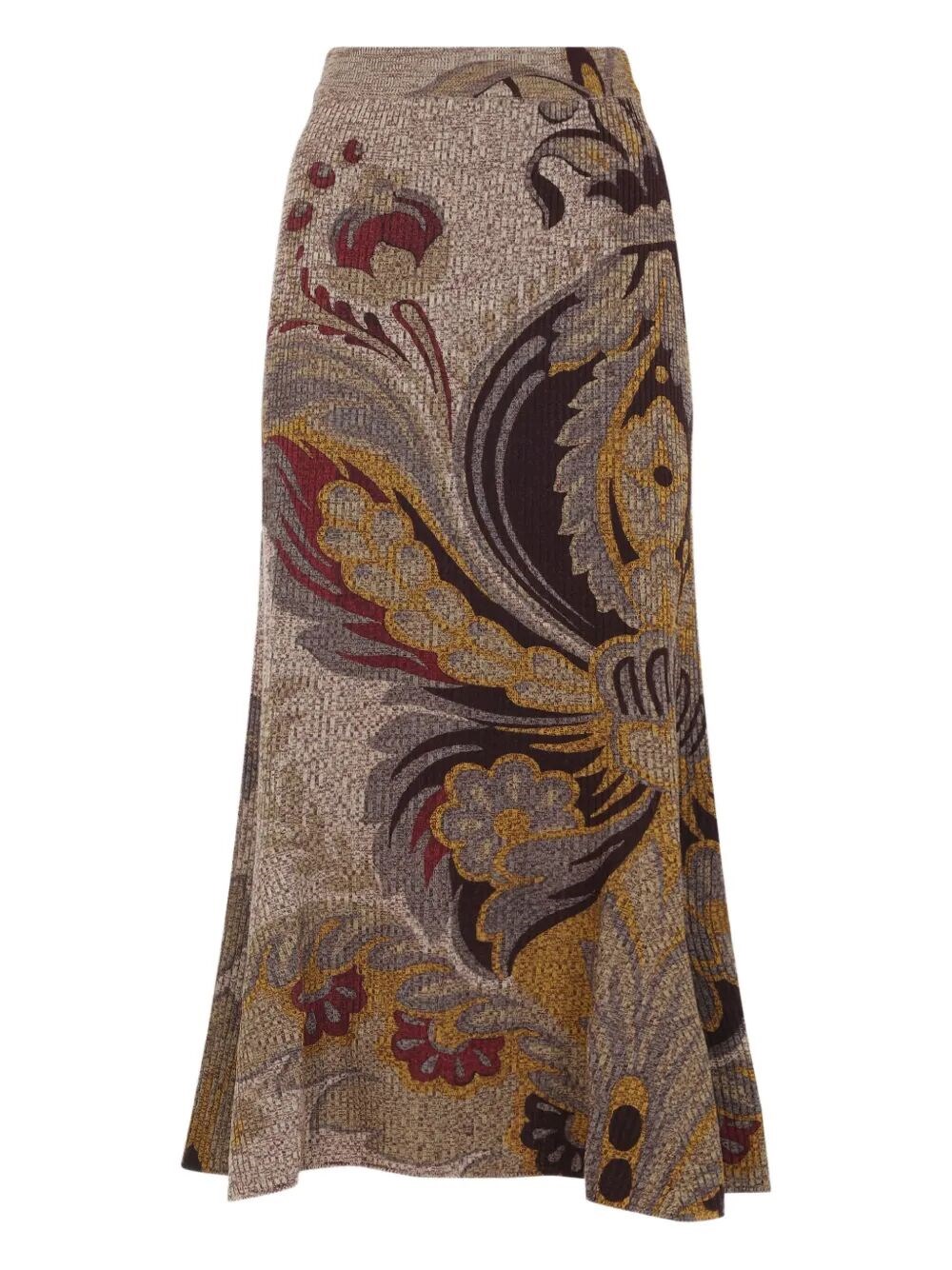 Etro Floral-print Ribbed Midi Skirt In Brown