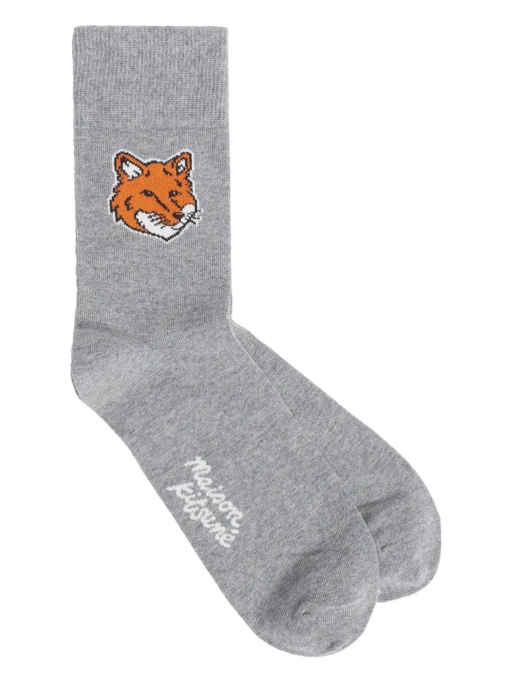 Maison Kitsuné Fox Design Mid-calf Socks With Ribbed Cuff In Gray