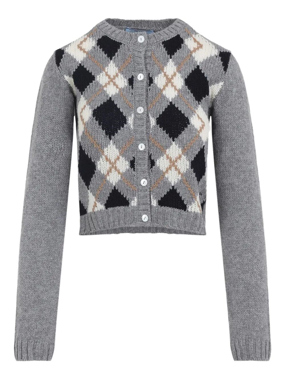 Prada Argyle Pattern Long Sleeve Knitwear Cardigan In Gray