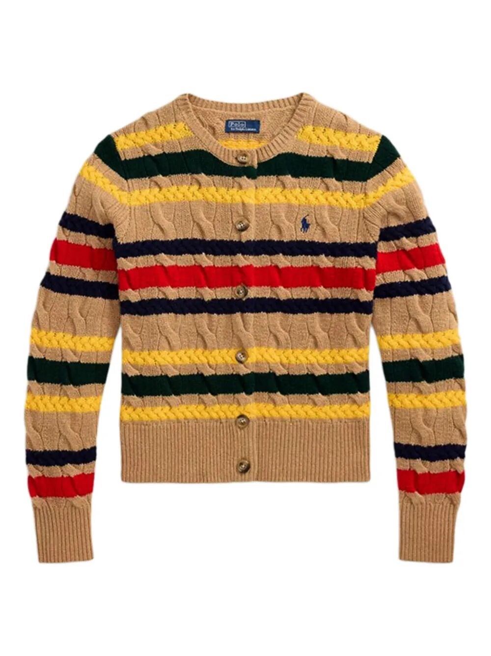 Polo Ralph Lauren Striped Cable Knit Cardigan With Ribbed Cuffs And Hem In Multi
