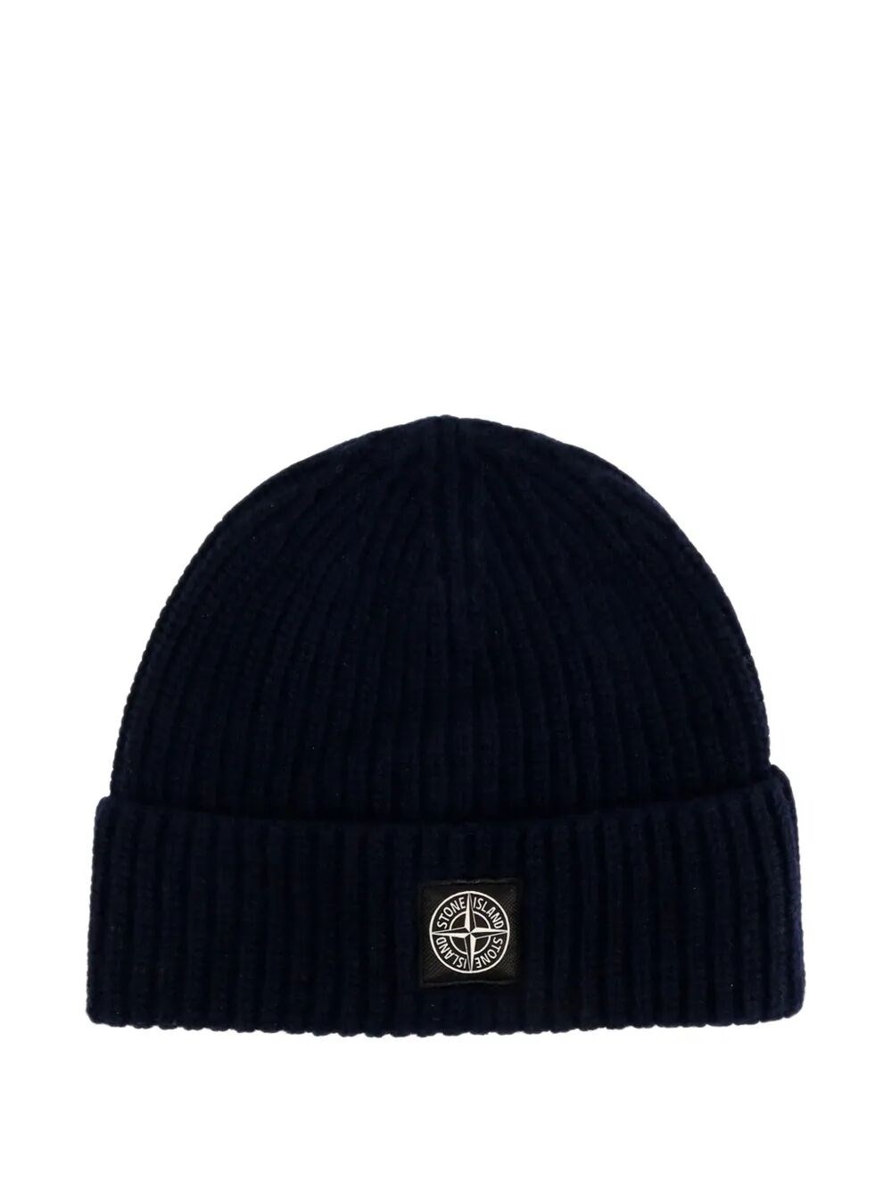 Stone Island Light Wool Knitted Beanie With Compass Patch In Black
