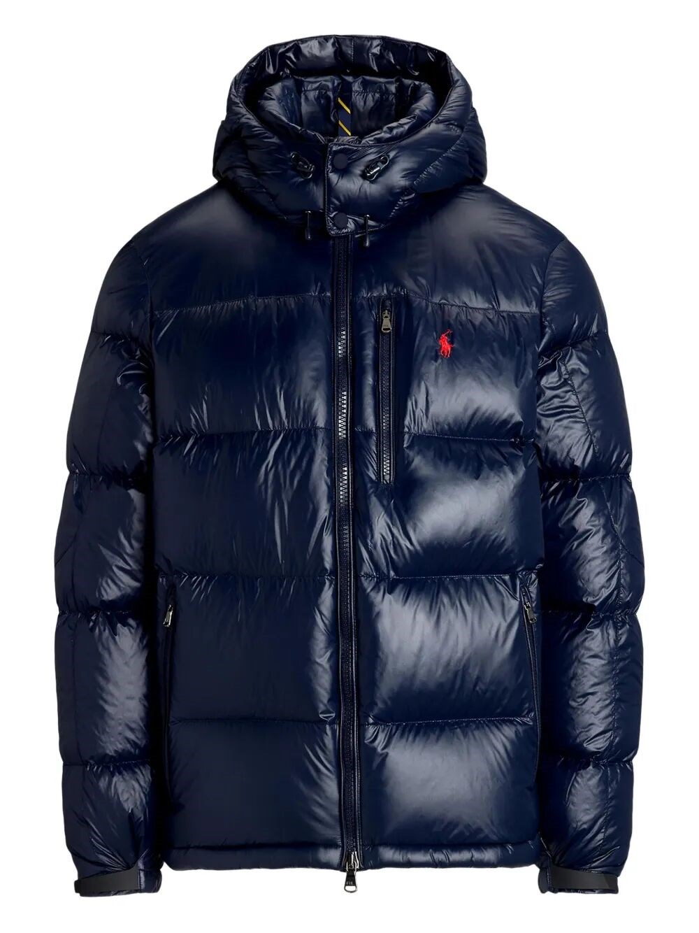 Polo Ralph Lauren Black Down Jacket With Patent Effect And Embroidered Pony Logo On Chest In Tech Fabric Man In Blue