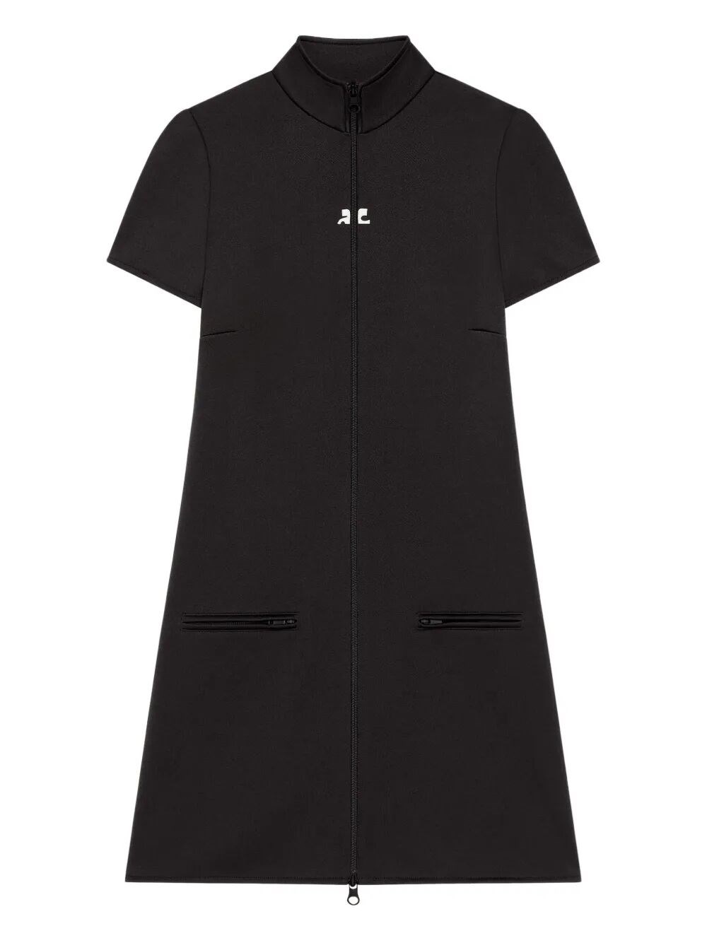Courrèges Short Sleeve Dress With High Collar And Pockets In Black