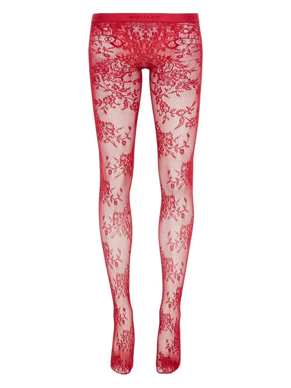 Alexander Mcqueen Floral Lace Sheer Tights With Elastic Waistband In Red
