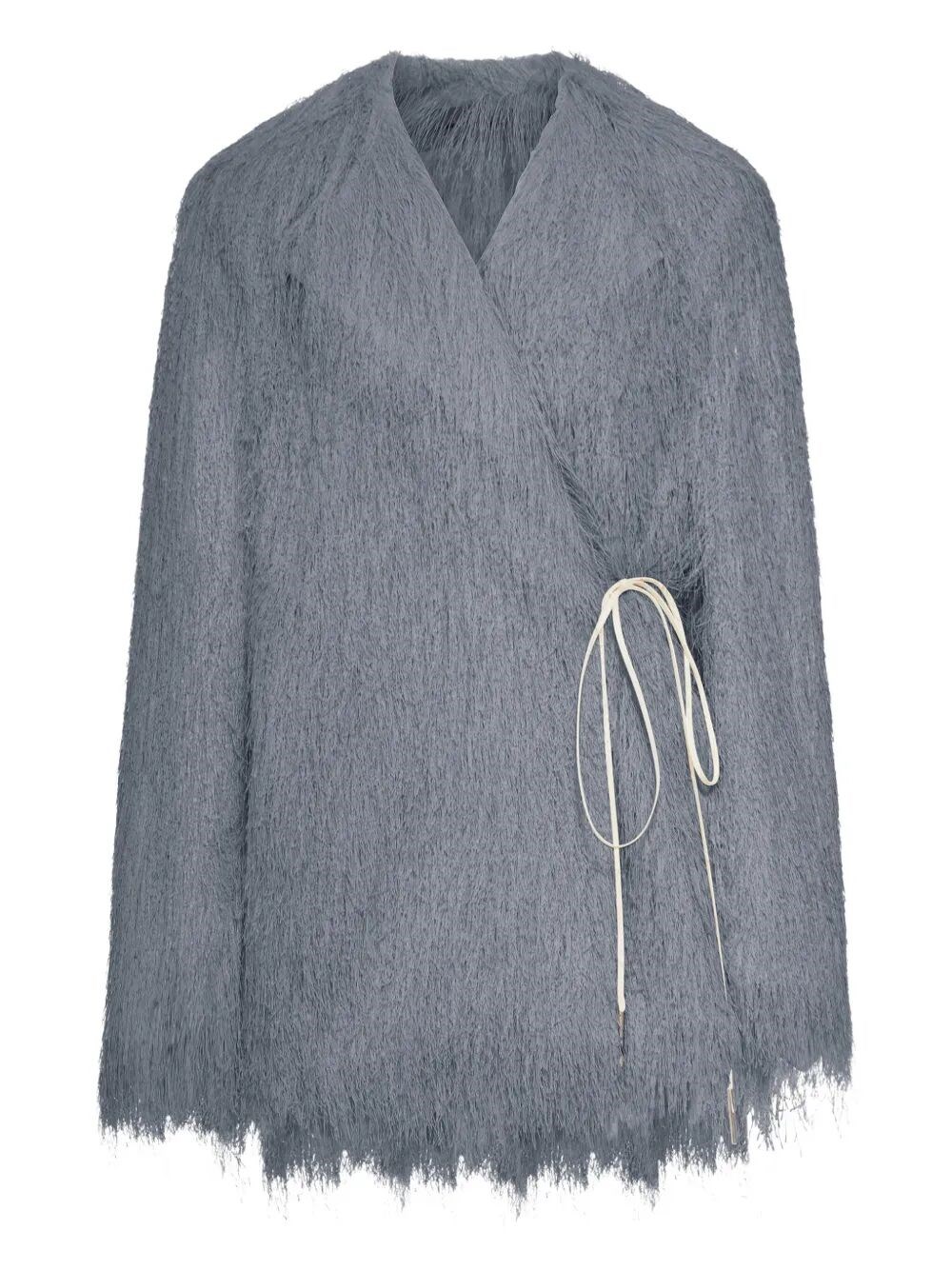 Dries Van Noten Short Coat With Fringed Hem And Tie In Gray