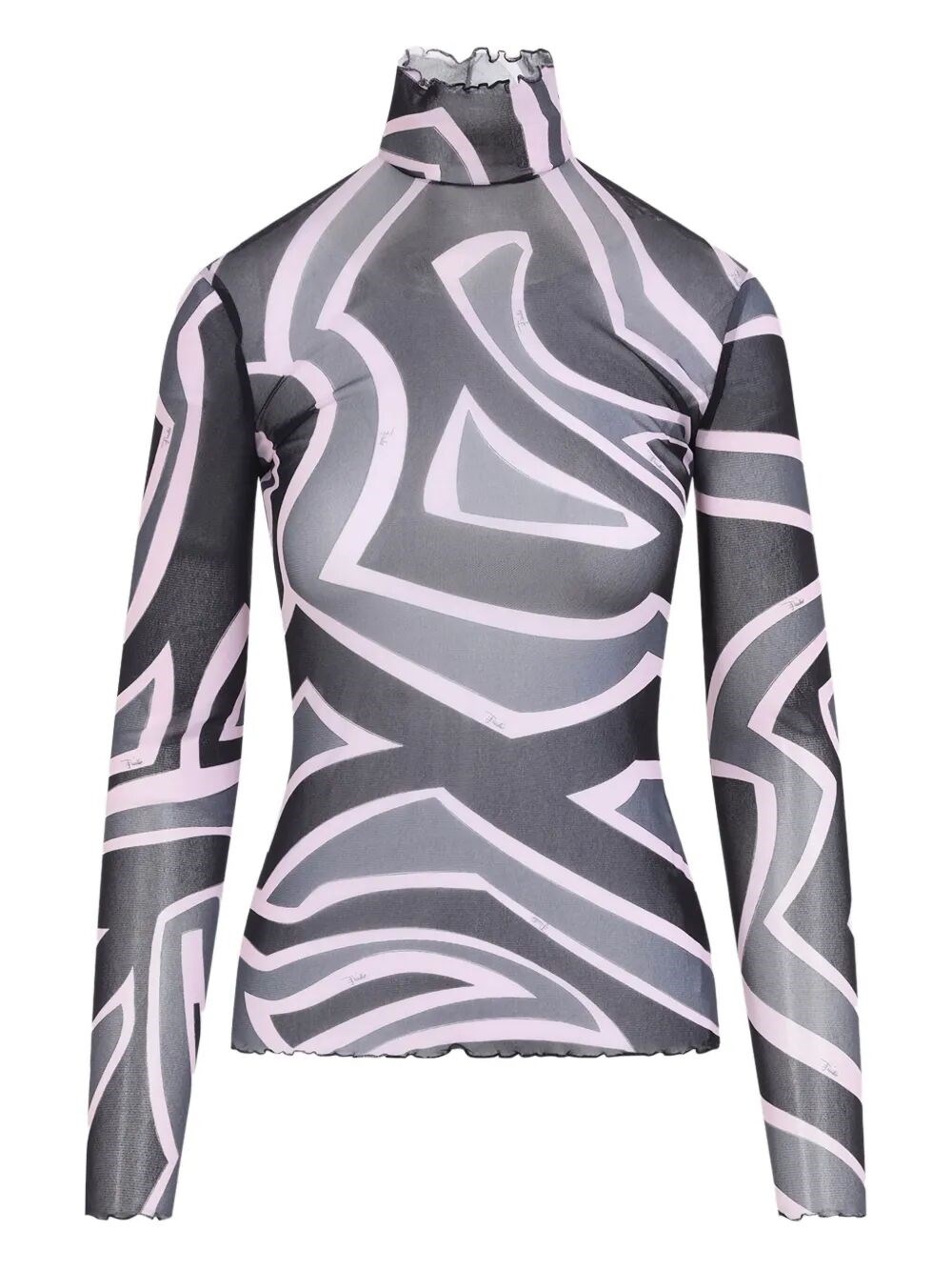 SEMI SHEER PRINTED LONG-SLEEVED HIGH-NECK TOP