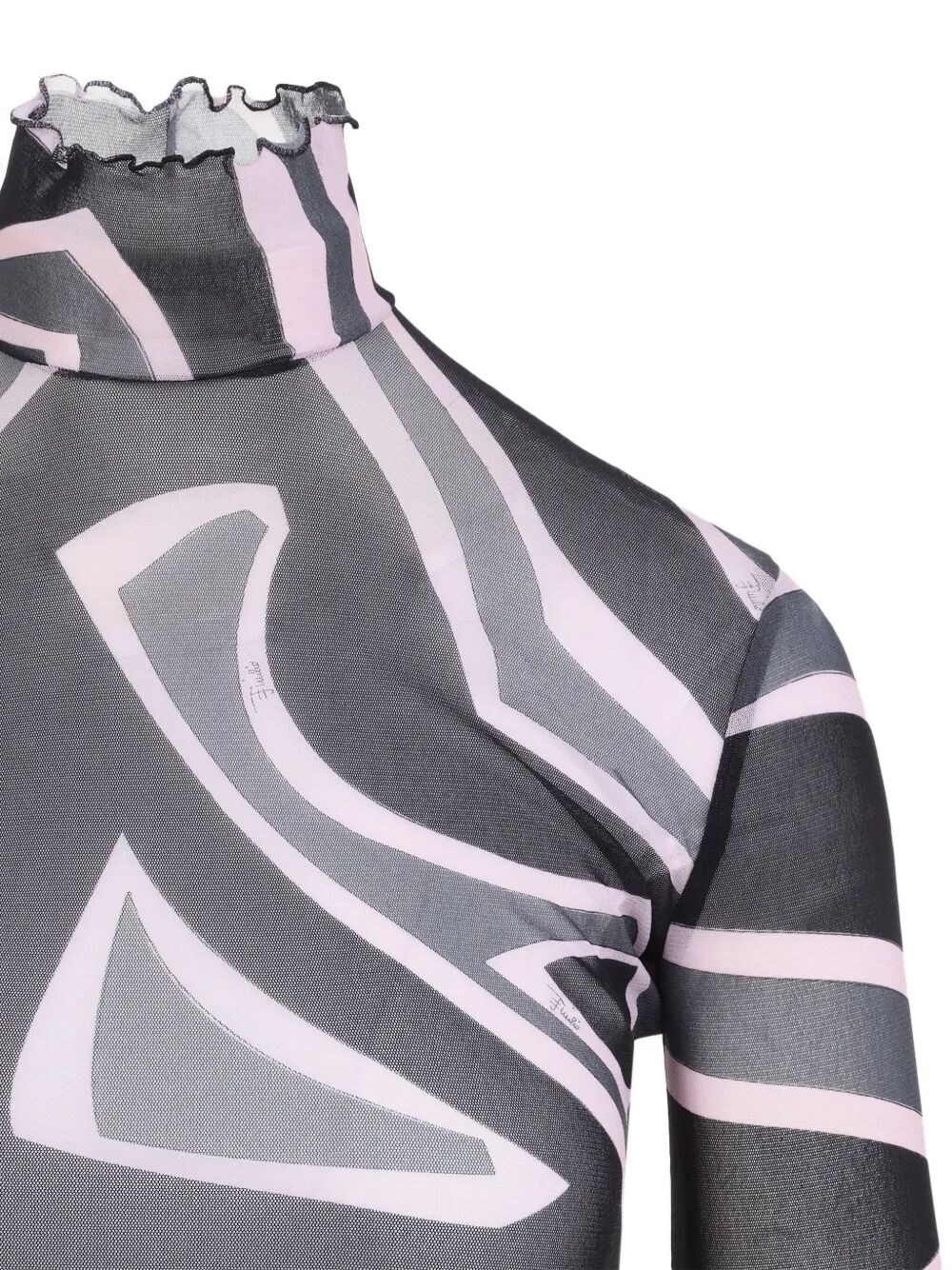 SEMI SHEER PRINTED LONG-SLEEVED HIGH-NECK TOP