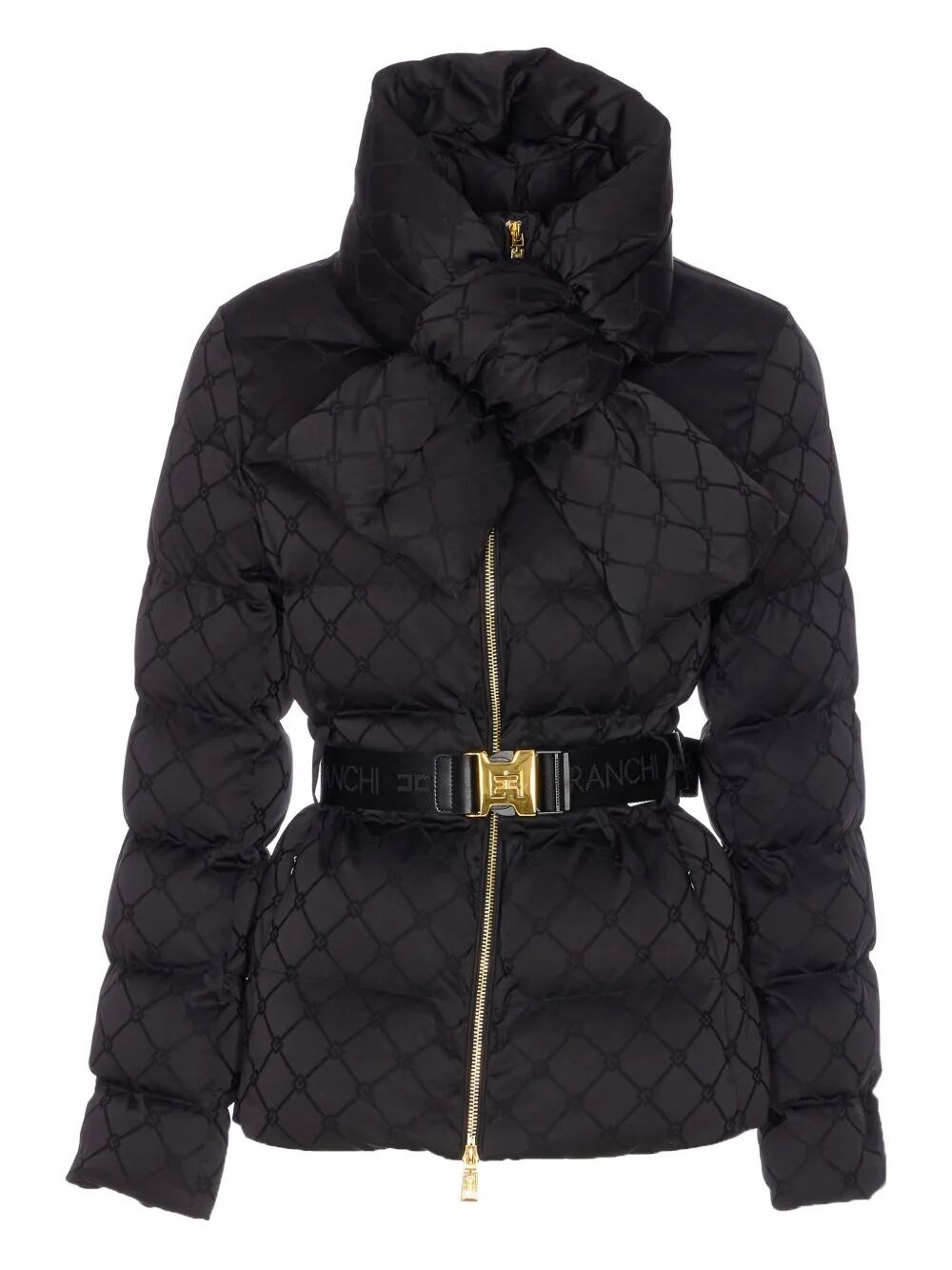 Elisabetta Franchi Jacquard Sail Fabric Down Jacket With Belt Clothing In Black