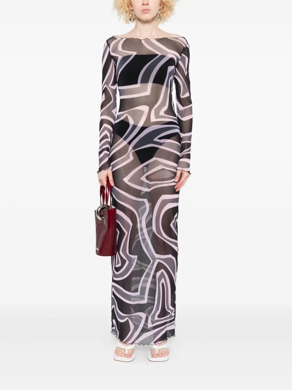 ABSTRACT-PRINT LONG-SLEEVED TULLE MAXI DRESS