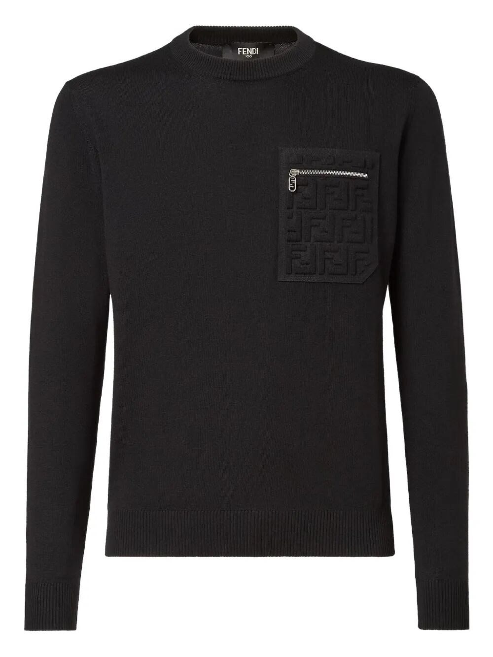 Fendi Knit Sweater With Ribbed Cuffs And Pocket In Black
