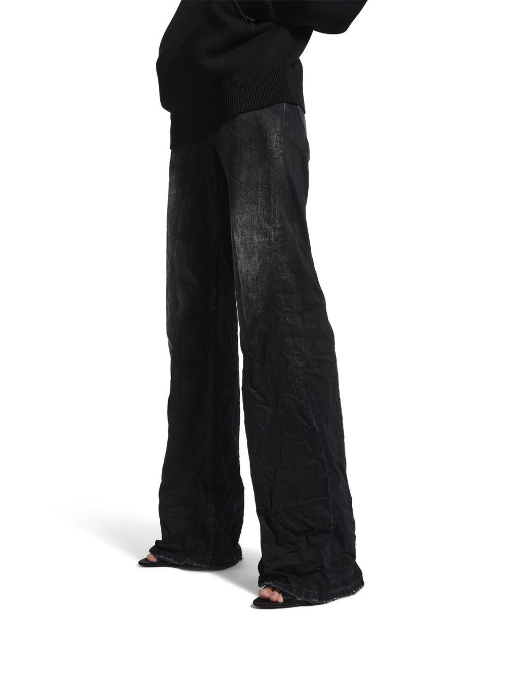 CRINKLED EFFECT WIDE LEG JEANS WITH WASHED AND WORN-OUT DETAILS