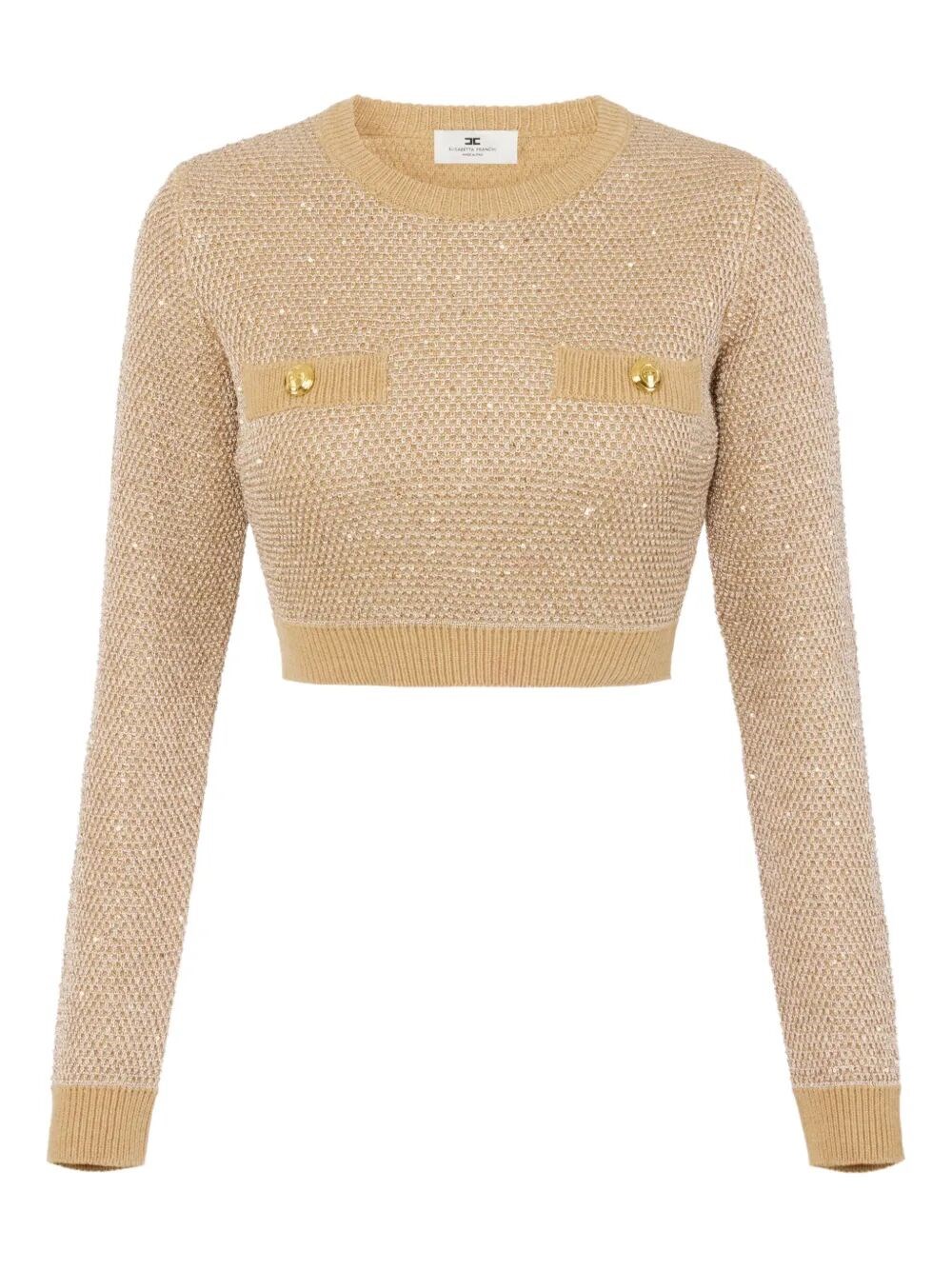 Elisabetta Franchi Knitted Long-sleeved Cropped Top With Sequins Clothing In Nude