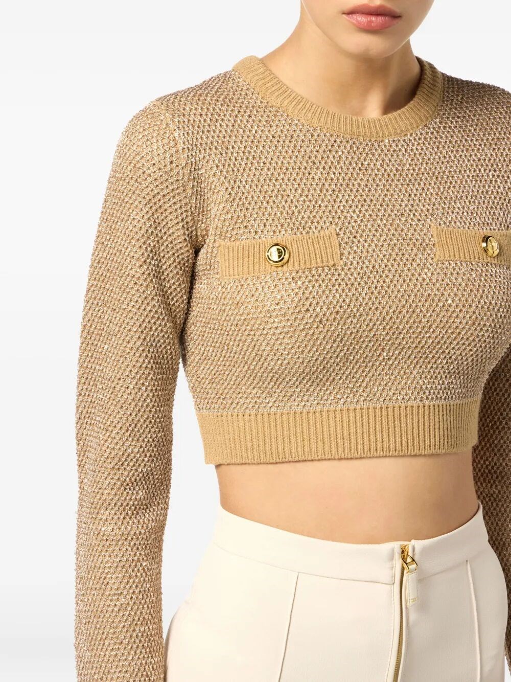 KNITTED LONG-SLEEVED CROPPED TOP WITH SEQUINS