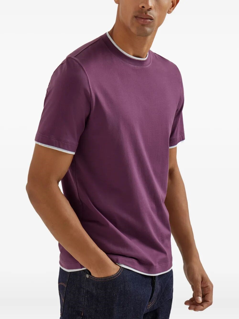 COTTON JERSEY CREW NECK T-SHIRT WITH FAUX-LAYERING