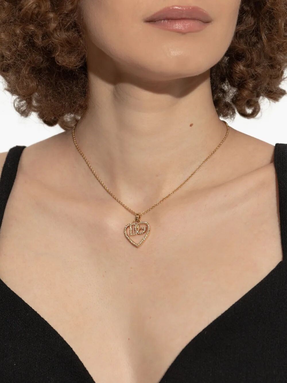 HEART AND LOGO RHINESTONES PENDANT NECKLACE