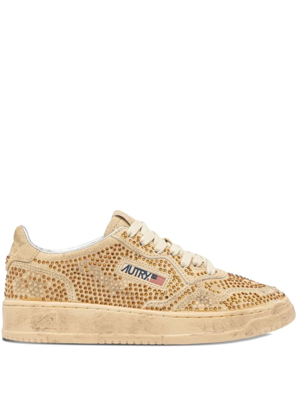 Autry Medalist Low Sneakers In Bronze Suede With Crystal Micro Rhinestones In Neutral
