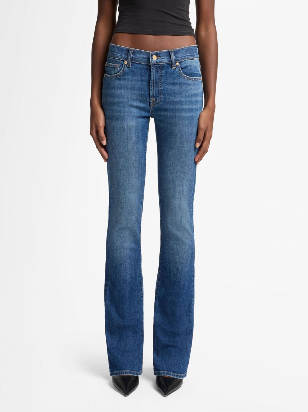 MID WAIST BOOTCUT JEANS IN SLIM ILLUSION DENIM