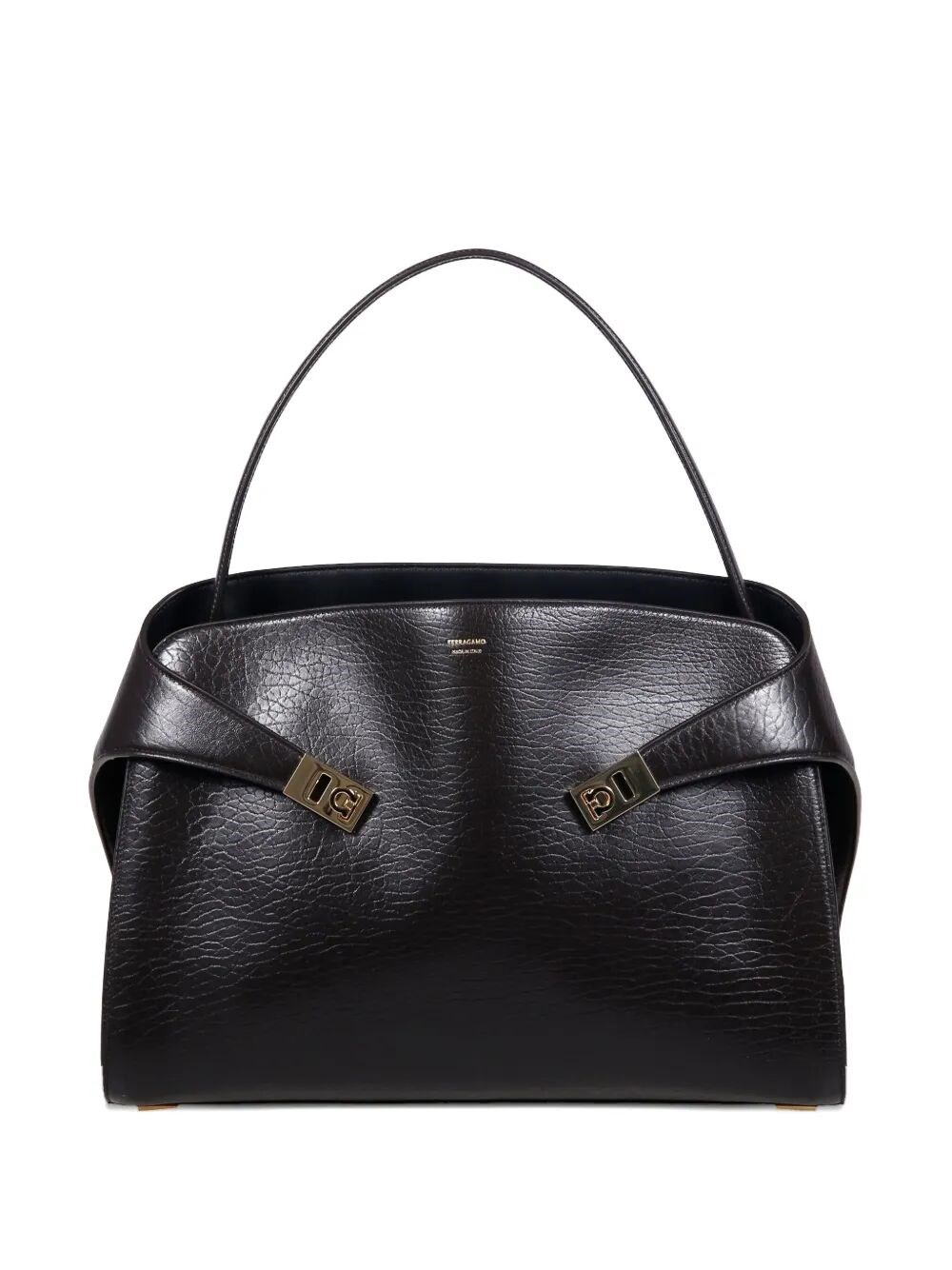 Ferragamo Maxi Grain Bicolor Structured Shoulder Bag In Brown