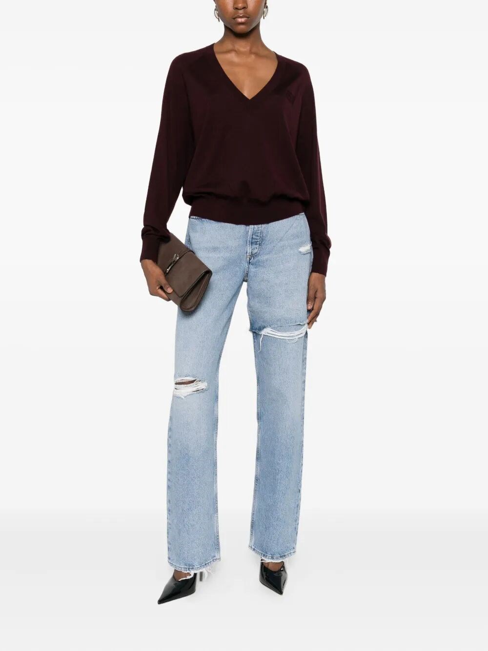 WOOL BLEND TRICOT V-NECK SWEATER