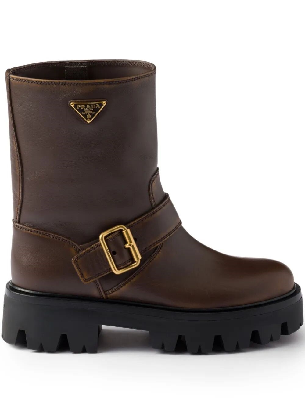 Prada Leather Boots With Vintage Effect And Logo In Brown