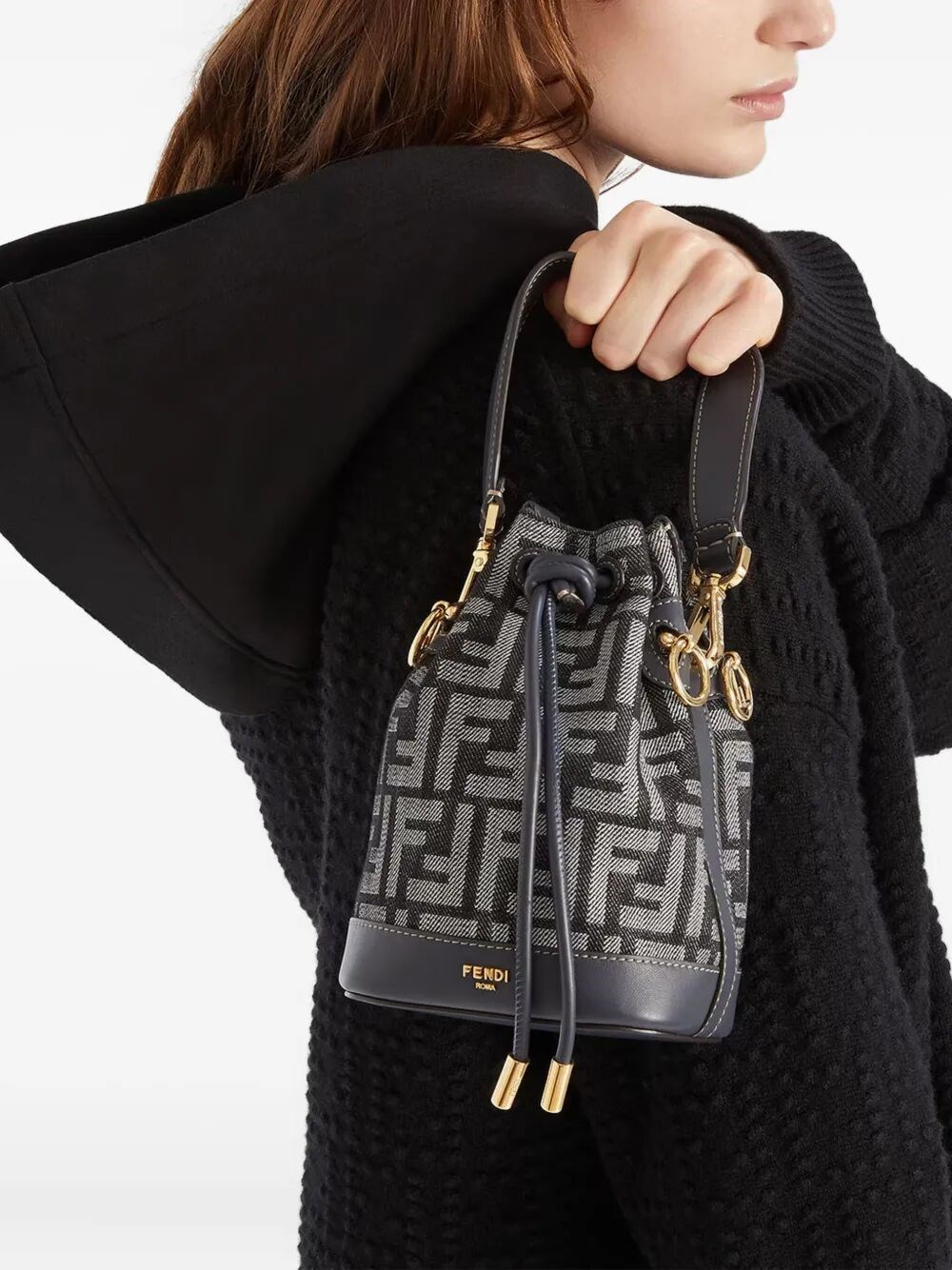 MON TRESOR DENIM-EFFECT FF JACQUARD MINI BUCKET BAG